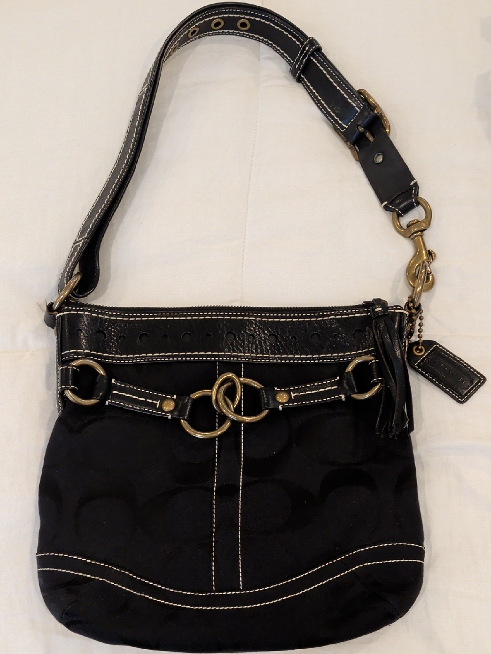 authentic Coach Black Signature Canvas Shoulder Bag with Brass Hardware